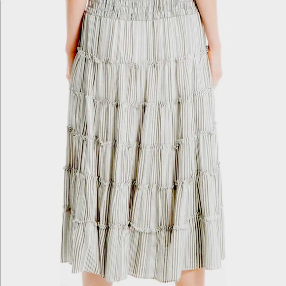 Max Studio Skirt Olive Striped Tiered Midi Green Gray Smocked Waist E-waist NWT - Picture 5 of 10